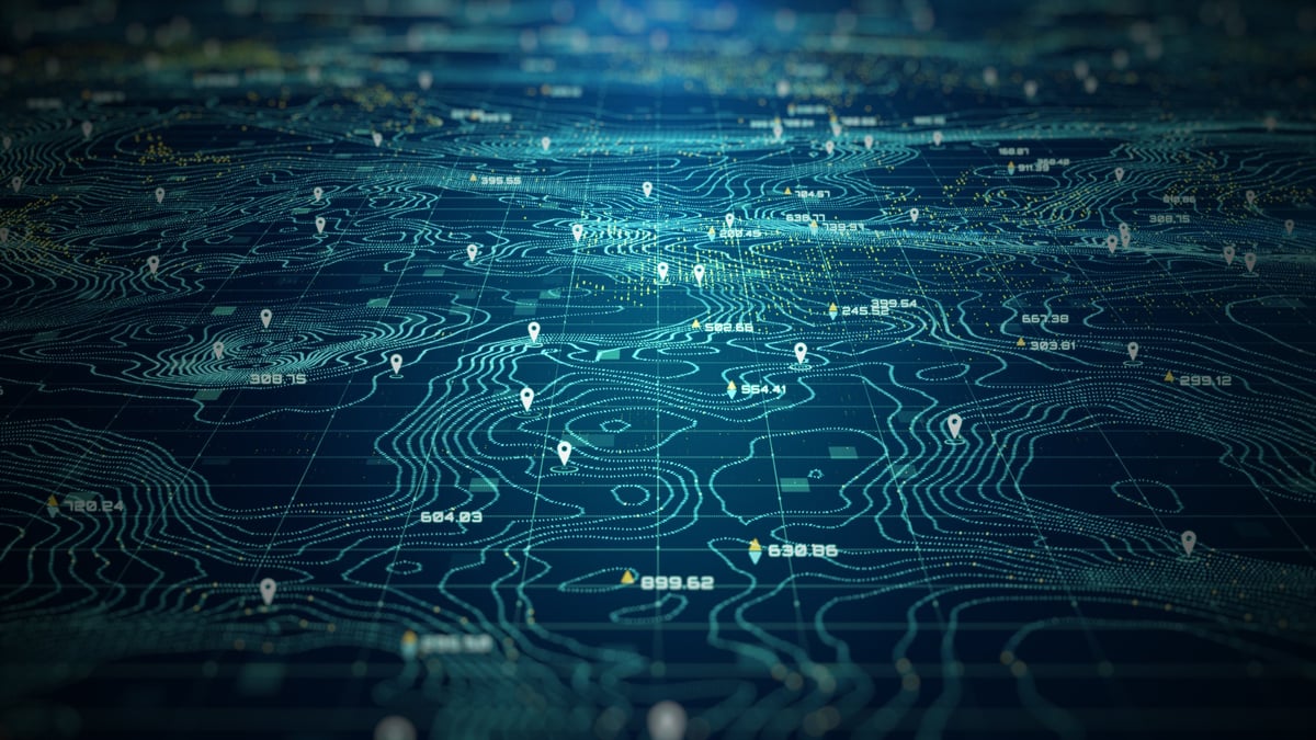 High-tech digital topographic map with glowing data points, GPS markers, and geospatial analytics
